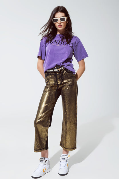 Black straight leg jeans with gold metallic glow