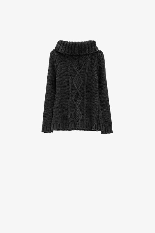 Q2 Black Sweater With Cable Knit Design And High Collar