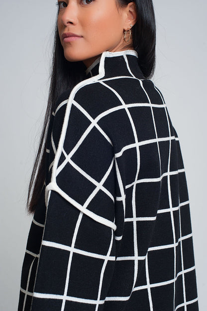 Black sweater with chequered print in 3/4 sleeve and high neck