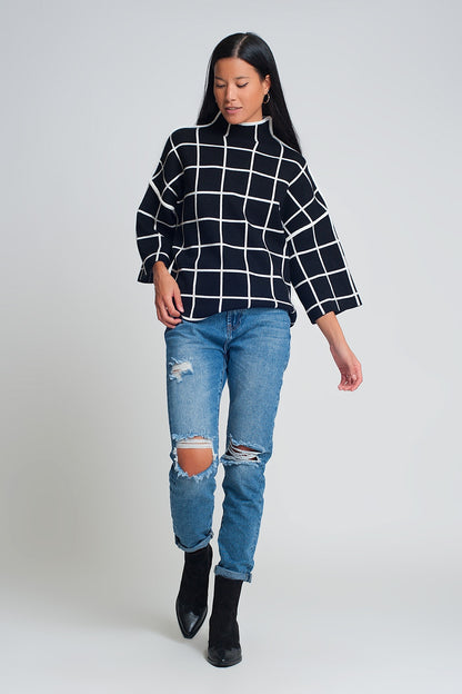 Black sweater with chequered print in 3/4 sleeve and high neck