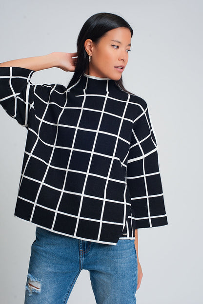 Black sweater with chequered print in 3/4 sleeve and high neck