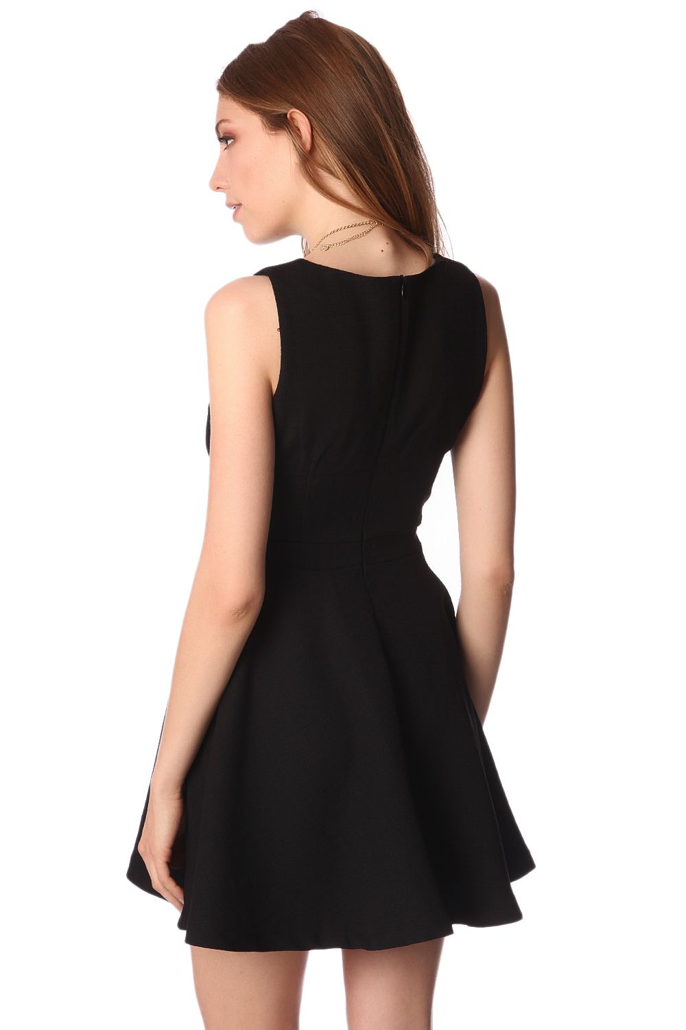 Black textured skater dress with belted waist detail