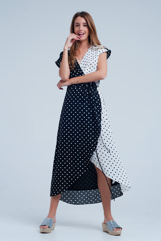 Q2 Black white wrap dress with polka dots