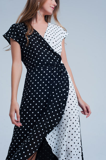 Black white wrap dress with polka dots