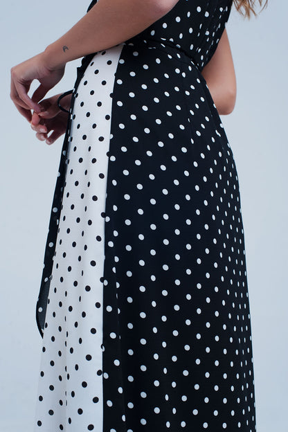 Black white wrap dress with polka dots