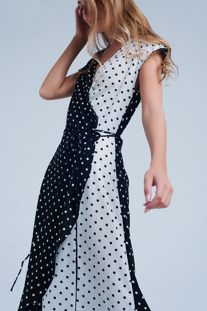 Black white wrap dress with polka dots