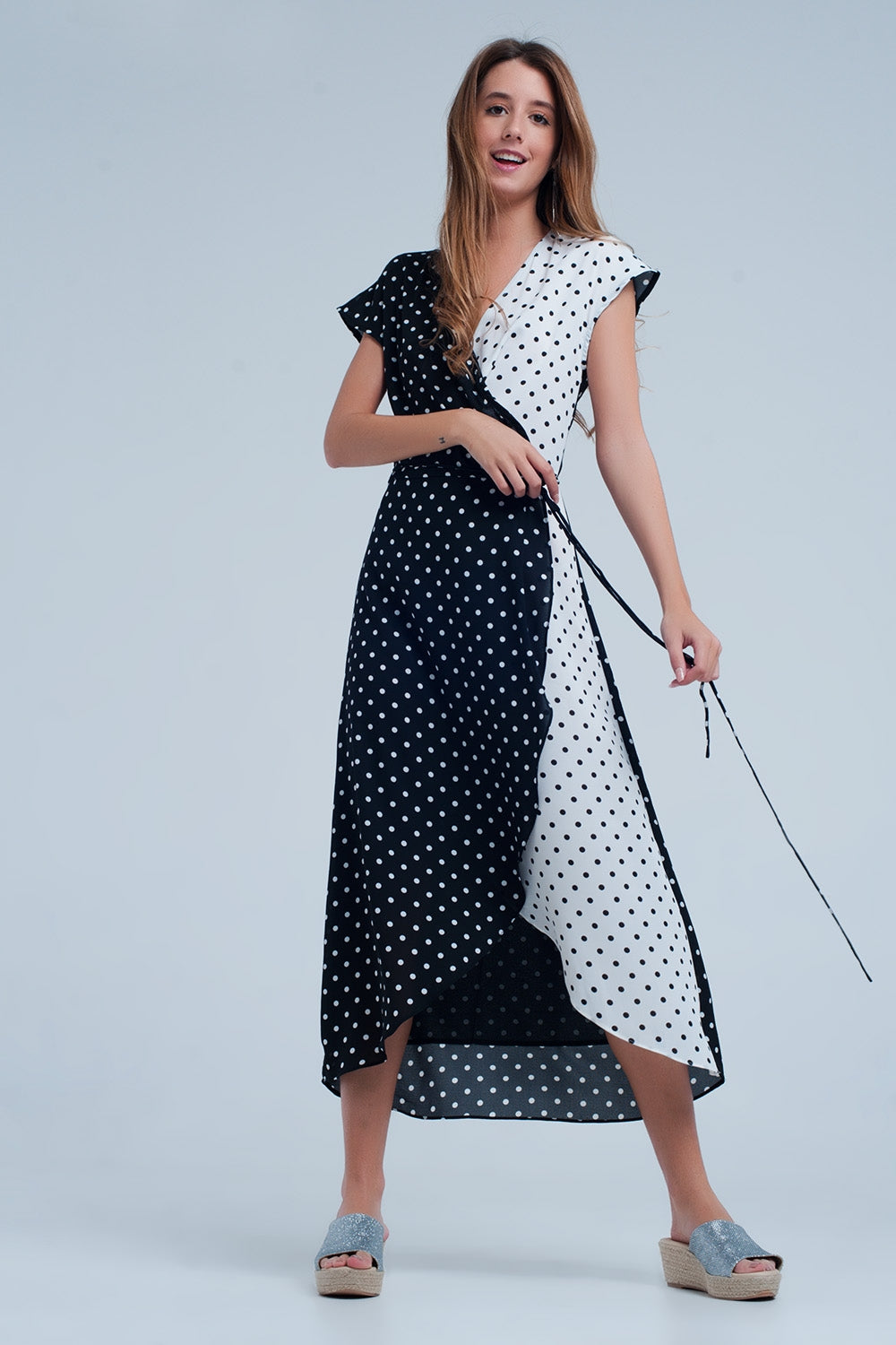 Black white wrap dress with polka dots