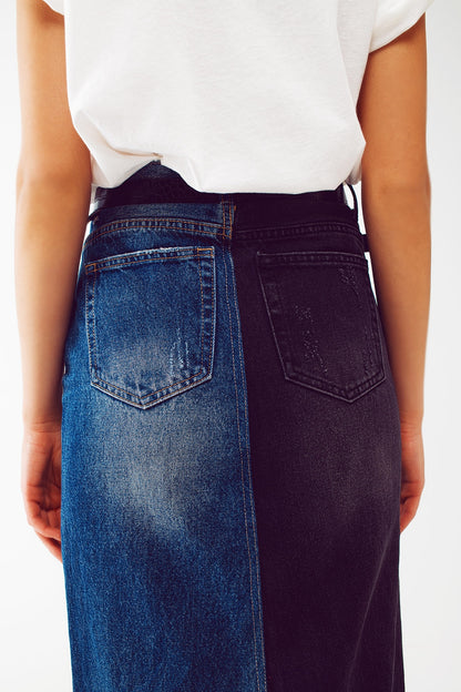 blue and black block denim skirt