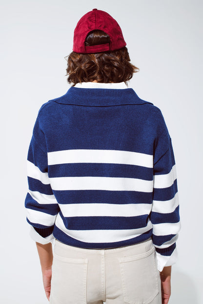 Blue and white striped sweater with V neck and polo collar