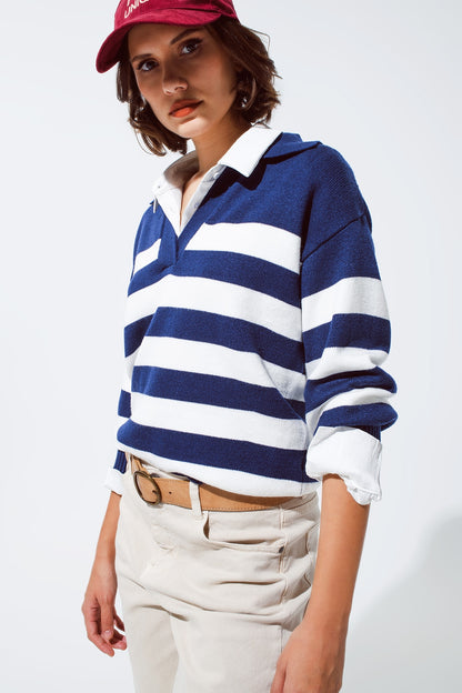 Blue and white striped sweater with V neck and polo collar