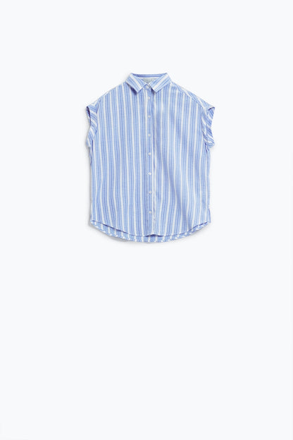 Blue Blouse With Vertical Stripes And Short Sleeves