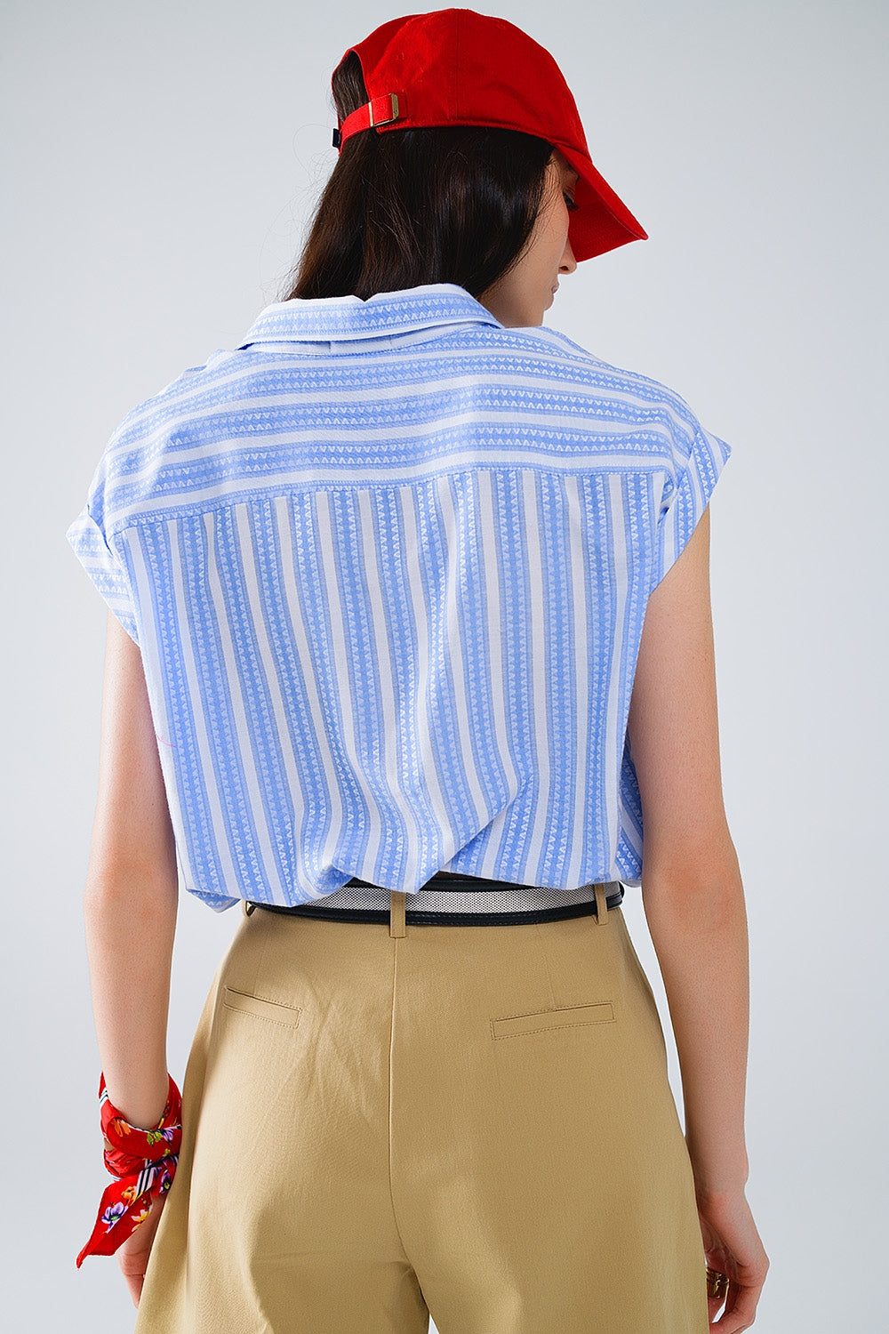 Blue Blouse With Vertical Stripes And Short Sleeves