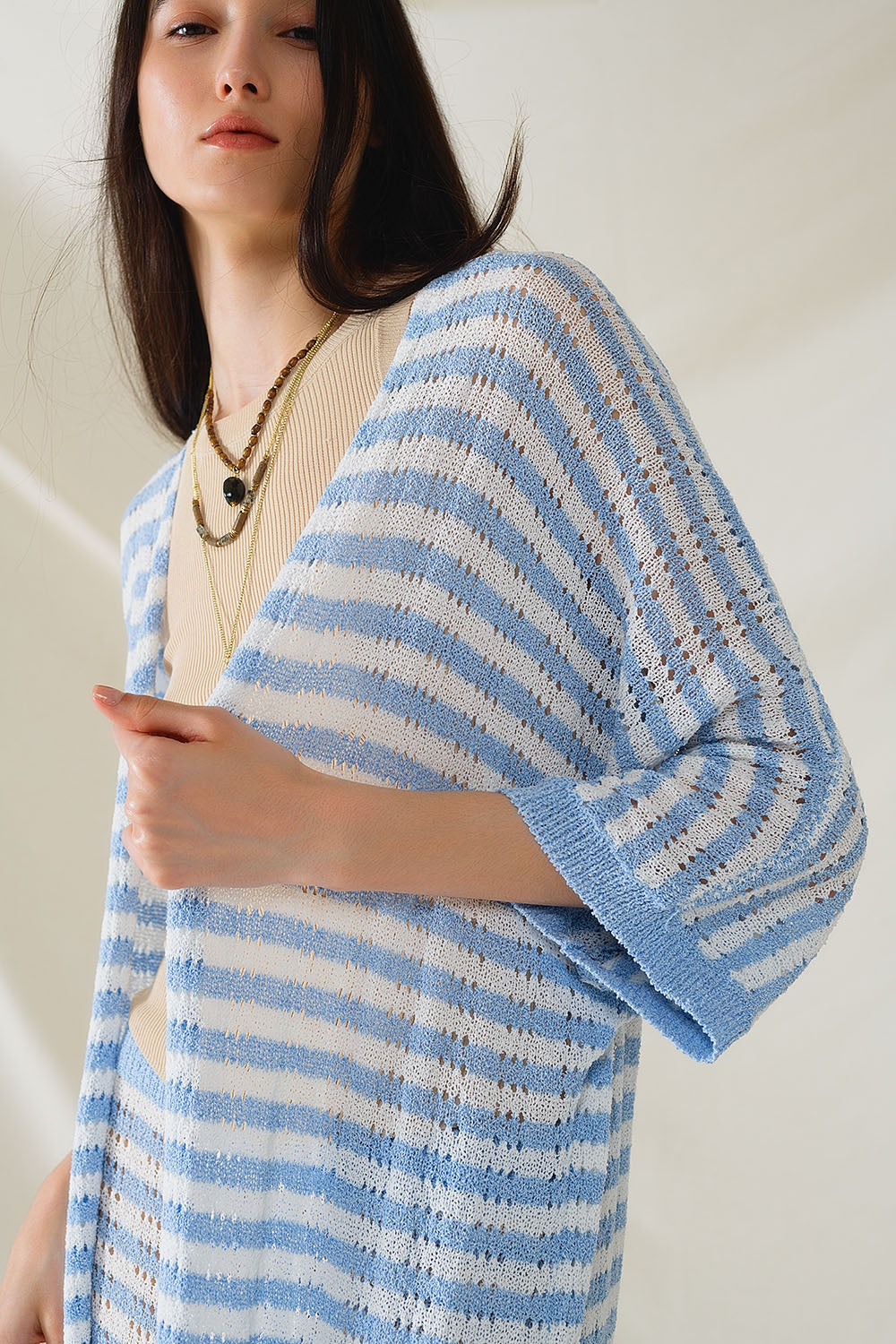 Blue Boho Style Cardigan With Stripes Pointelle Knit and Fringe Details