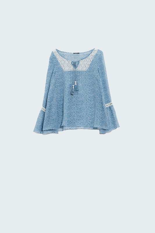 Q2 Blue chiffon blouse with lace detail