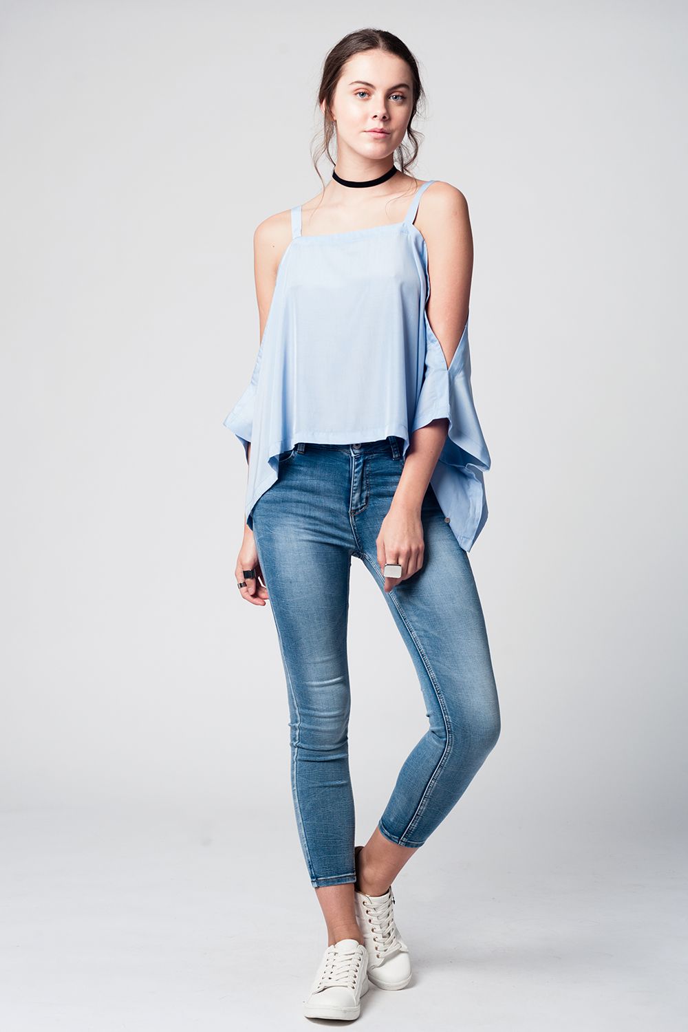 Blue cold shoulders top