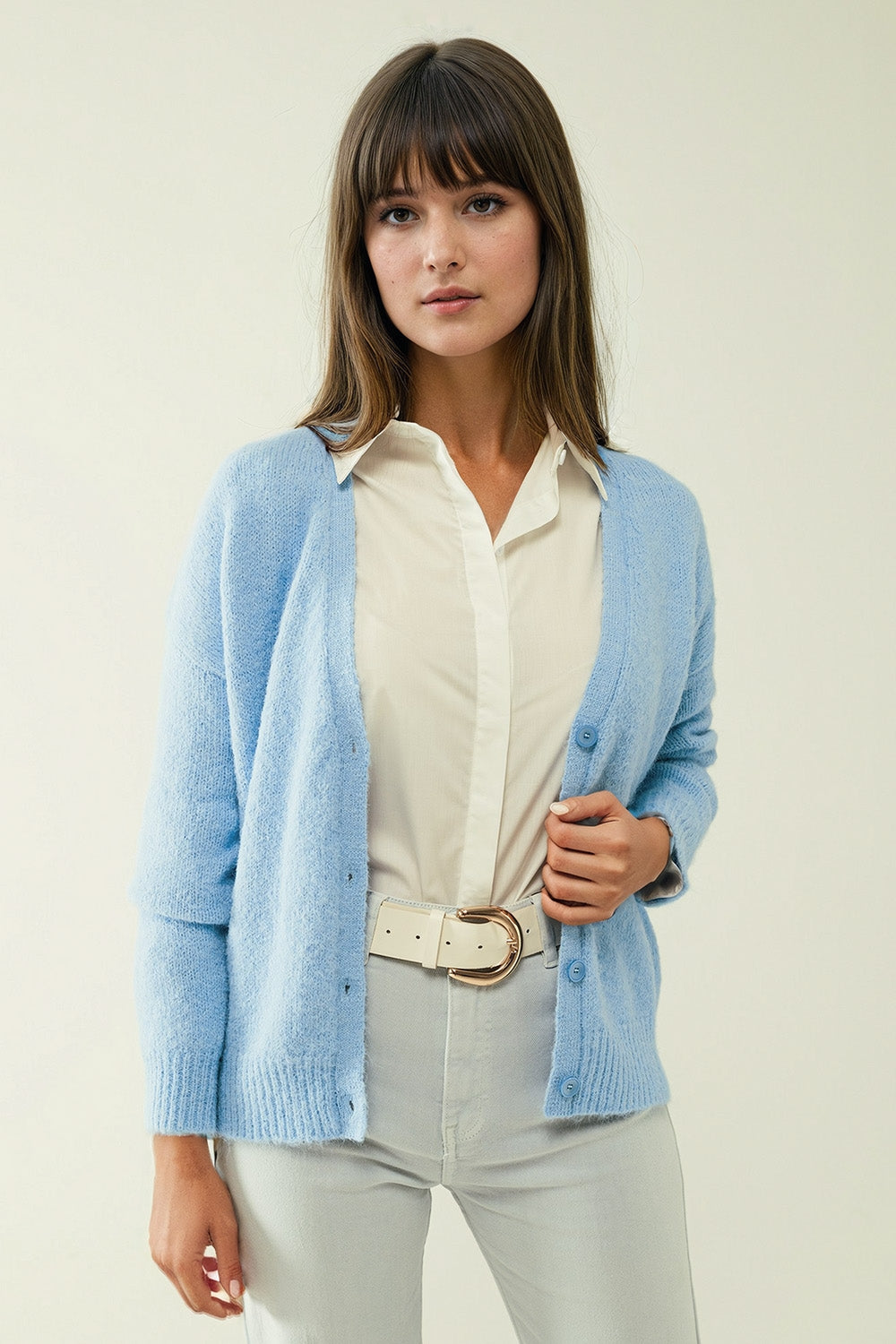 Q2 Blue knit cardigan with wide V-neck and button closure