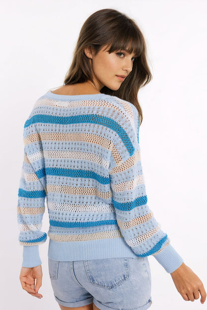 Blue knit sweater with blue and White stripes