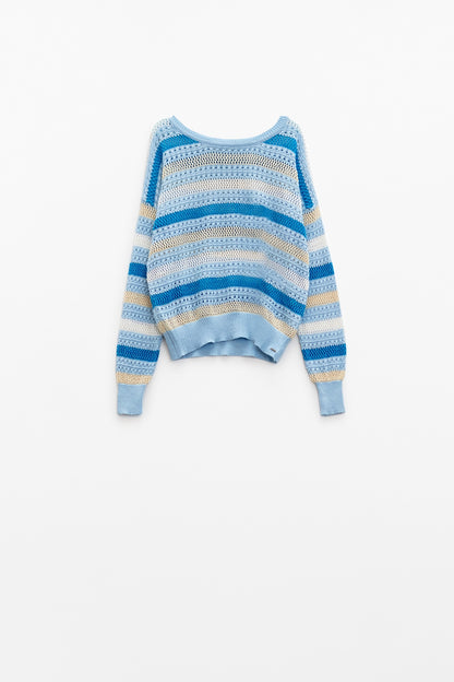 Blue knit sweater with blue and White stripes