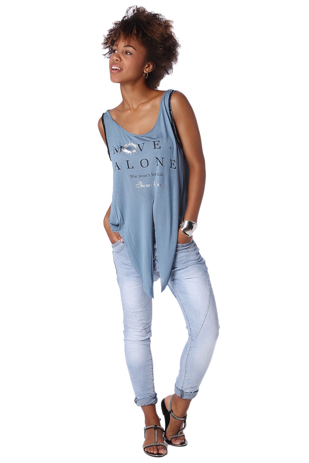 Blue logo tank top with center split