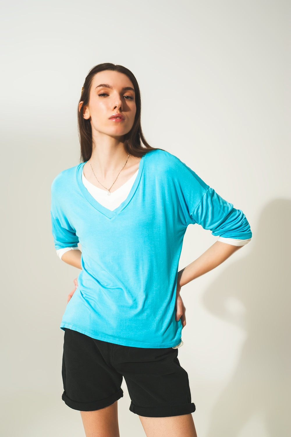 Blue long sleeve v neck top in modal