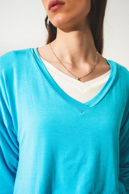 Blue long sleeve v neck top in modal