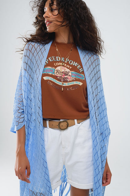 blue Open Cardigan With Fringe Ends and 3/4 sleeves