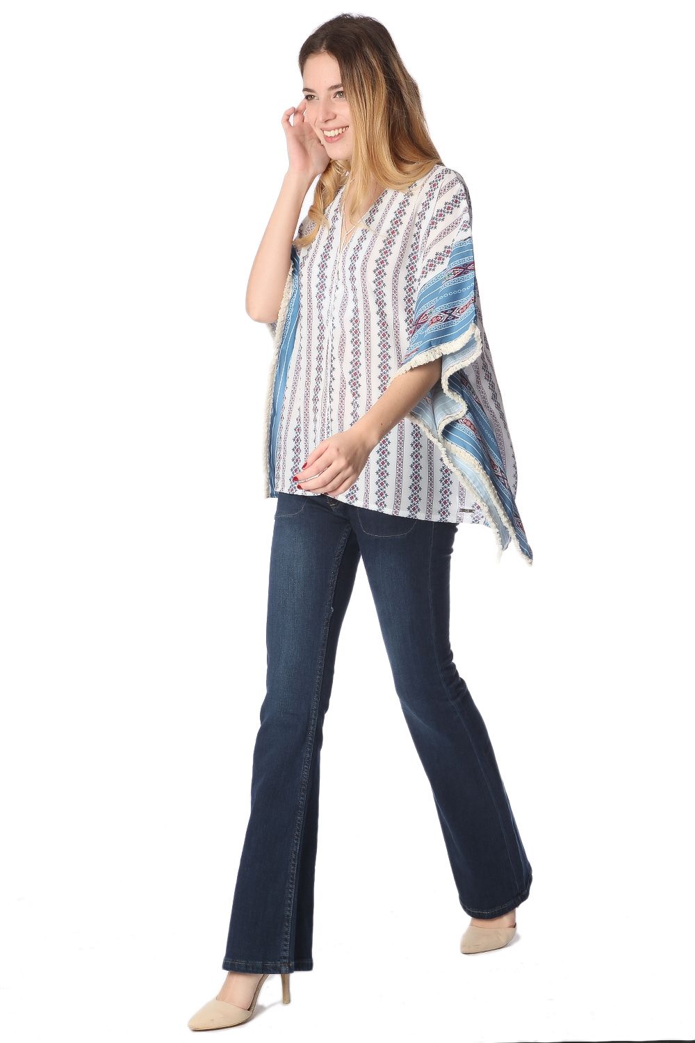 Blue oversized poncho top in tribe print