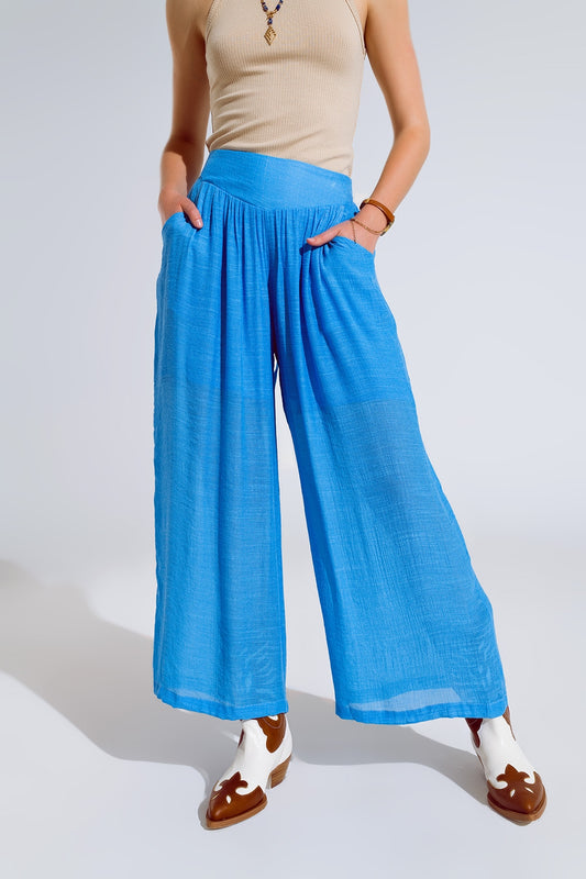 Q2 Blue Palazzo style Pants With Side Pockets And Thick Waist Band