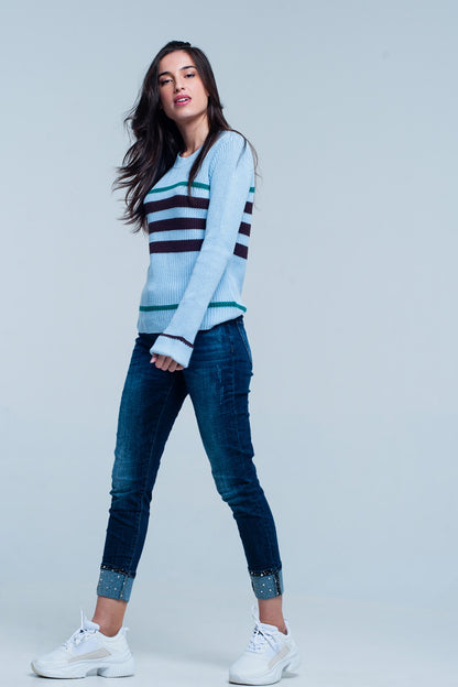 Blue Rib Stitch Sweater with Stripes