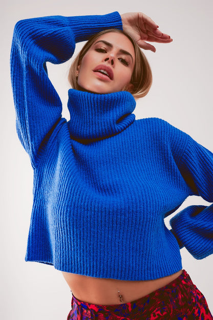 Blue ribbed knit turtleneck jumper with balloon sleeves