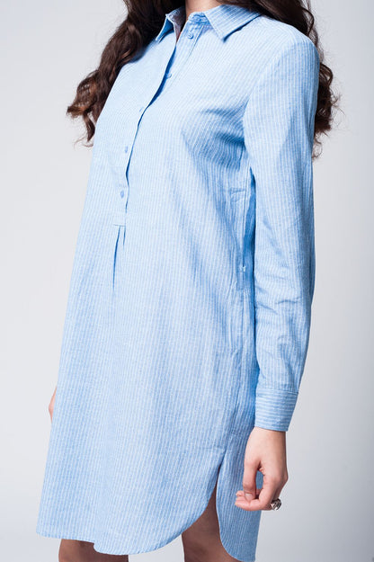 Blue shirt dress with tie front detail in fine stripe