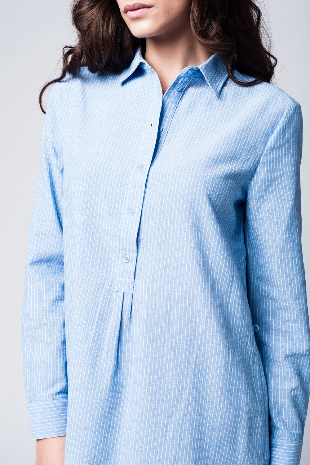 Blue shirt dress with tie front detail in fine stripe