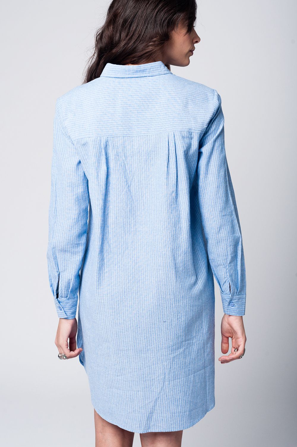 Blue shirt dress with tie front detail in fine stripe