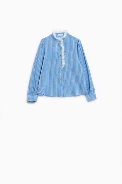 Blue Shirt With Vertical White stripes With Lace Detail