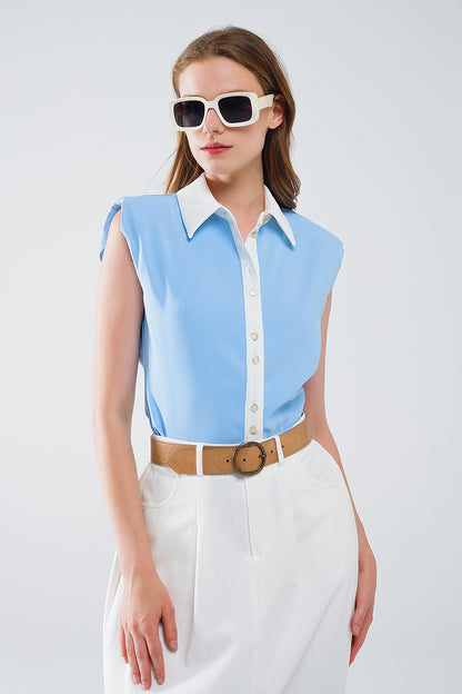 Q2 Blue Shirt With White Seams And Button Up Closing