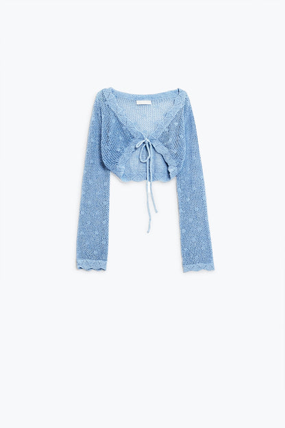 Blue short crochet cardigan with lurex detail