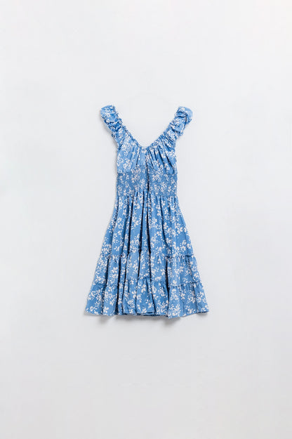 Blue Short dress With White Floral Print And Elastic Waist