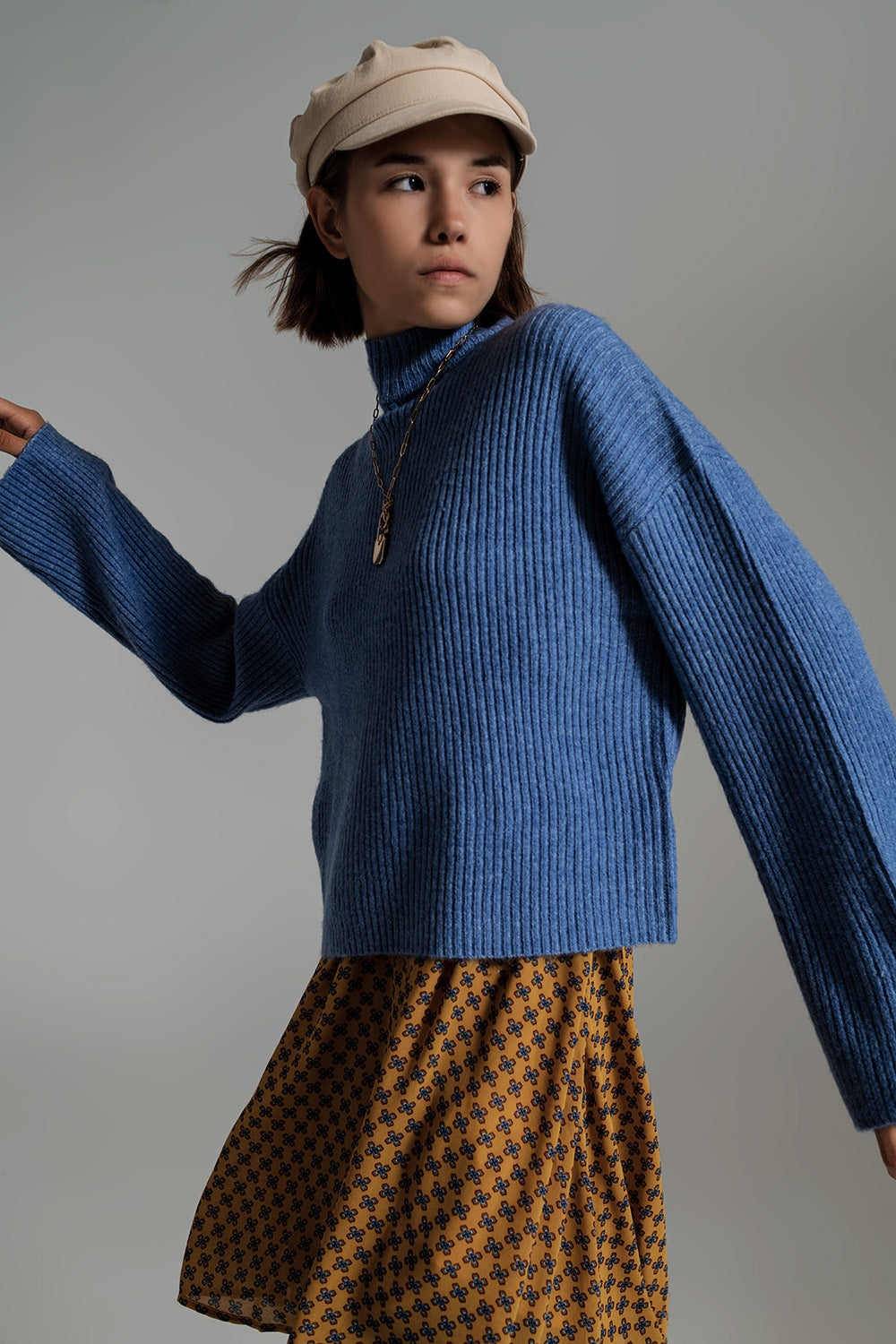 Q2 Blue soft ribbed turtleneck jumper