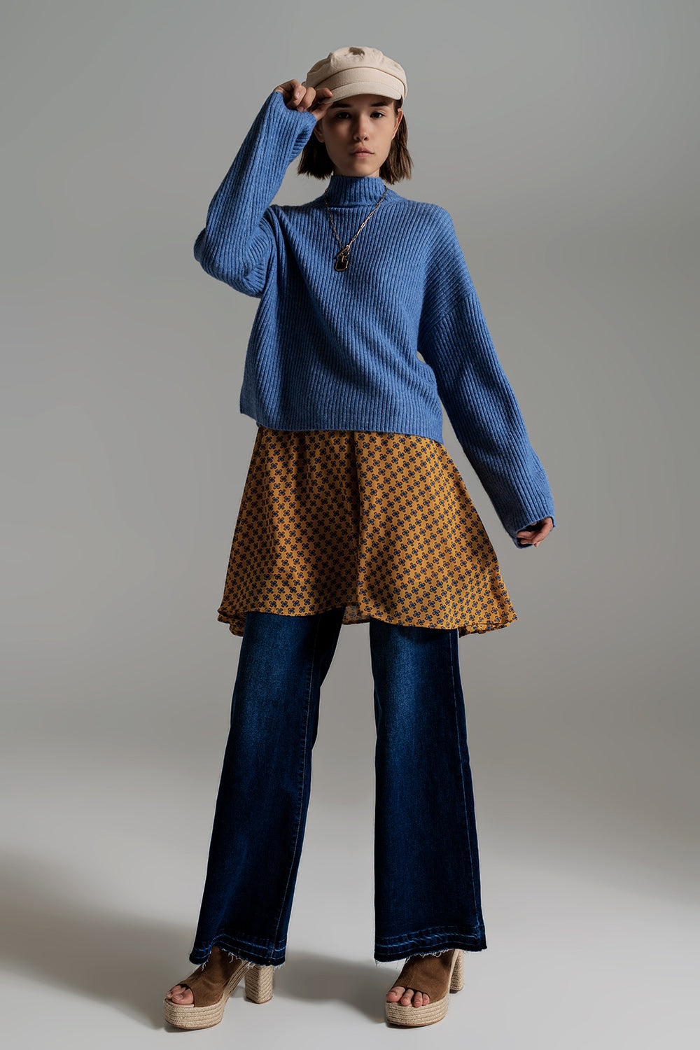 Blue soft ribbed turtleneck jumper