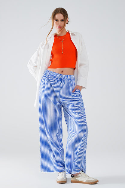 Blue Striped Pants with Elastic Waist and Pockets