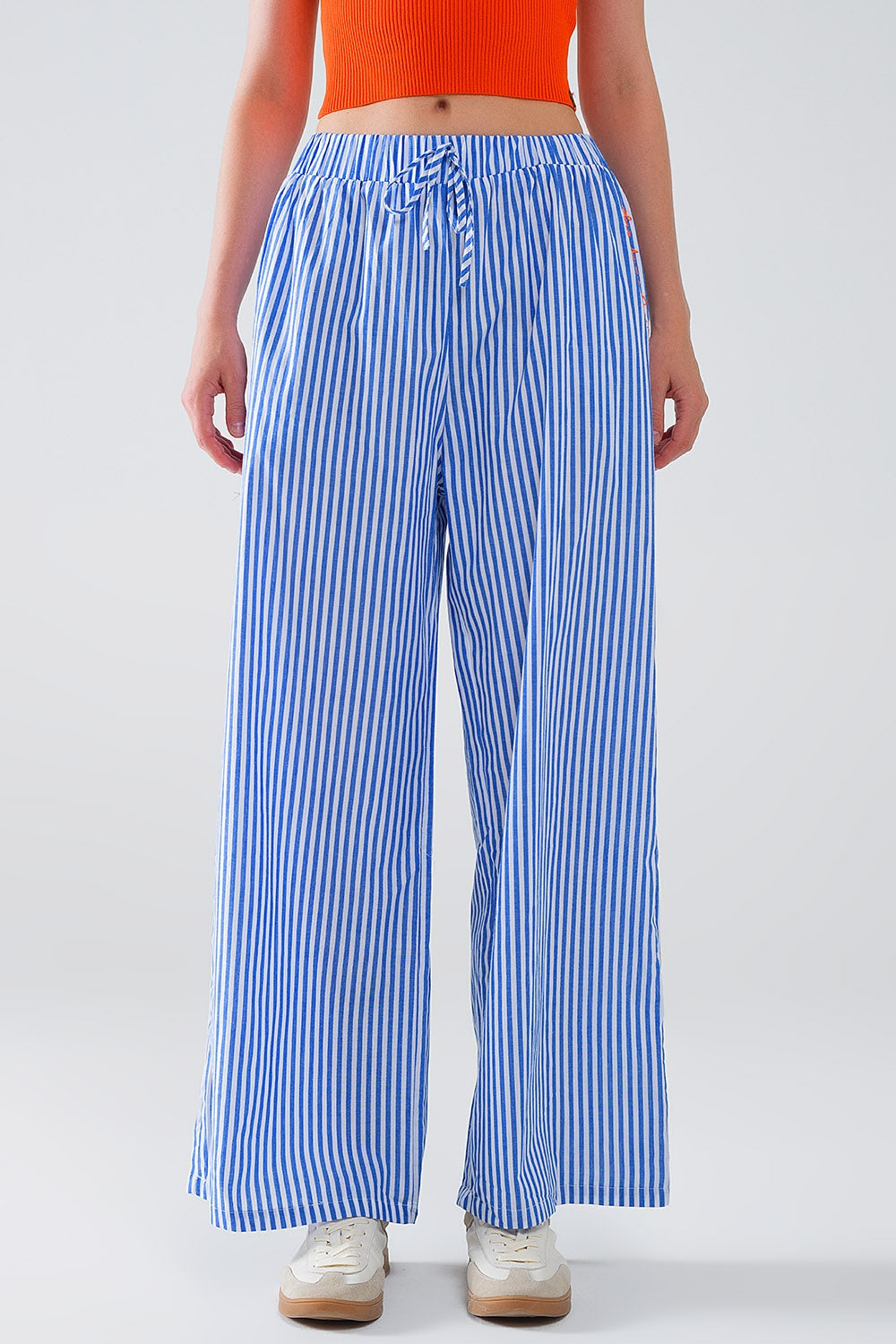 Q2 Blue Striped Pants with Elastic Waist and Pockets