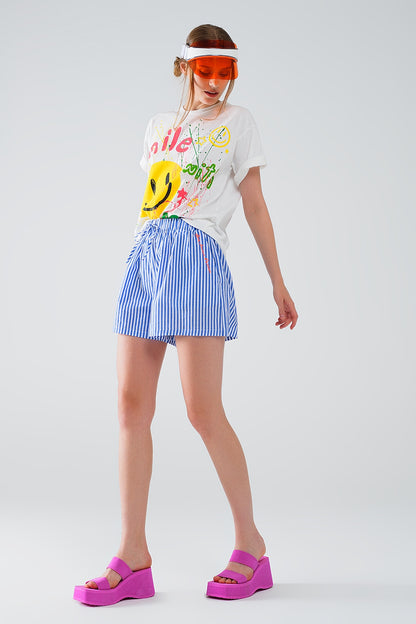 Blue Striped Shorts with Elastic Waist and Pockets