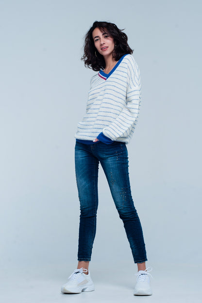 Blue Striped Sweater with V-neck