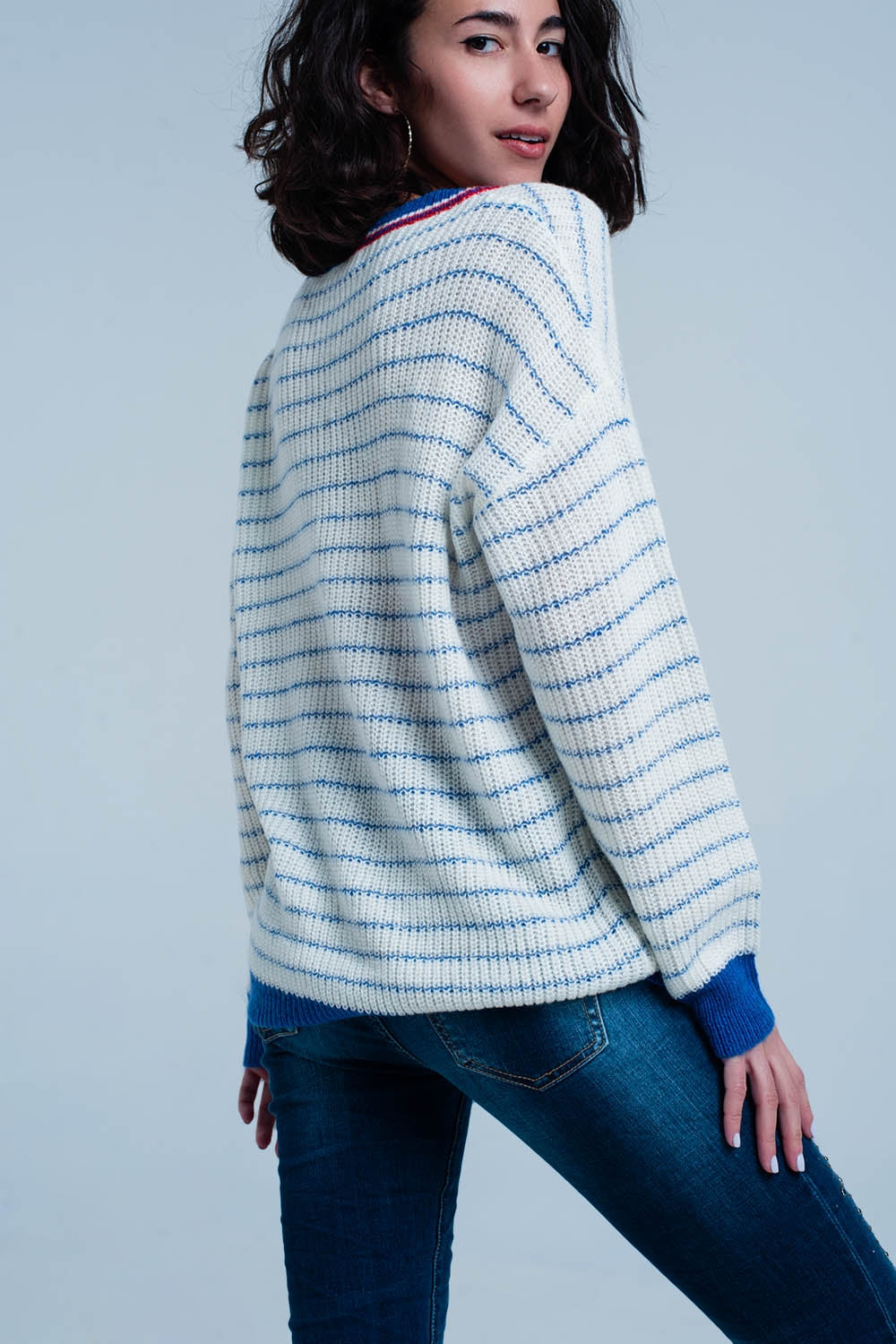 Blue Striped Sweater with V-neck