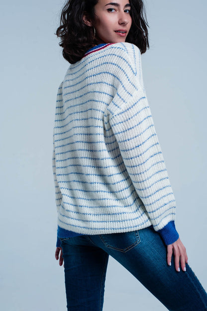 Blue Striped Sweater with V-neck