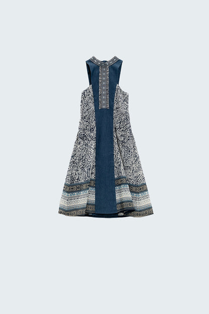 Q2 Blue swing dress with high neck detail