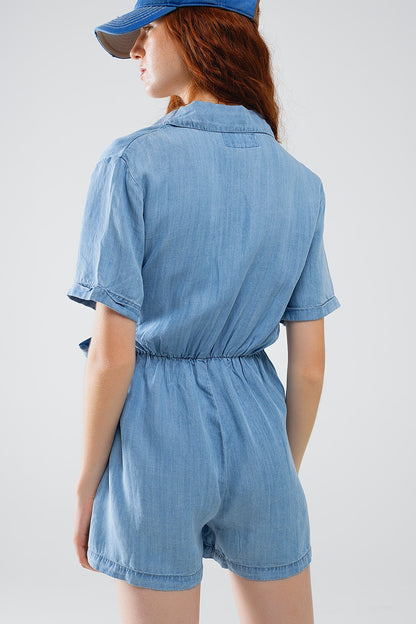 Blue Tencel Denim Wrap Front Jumpsuit