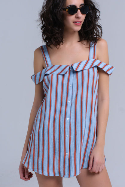 Blue top with orange stripes