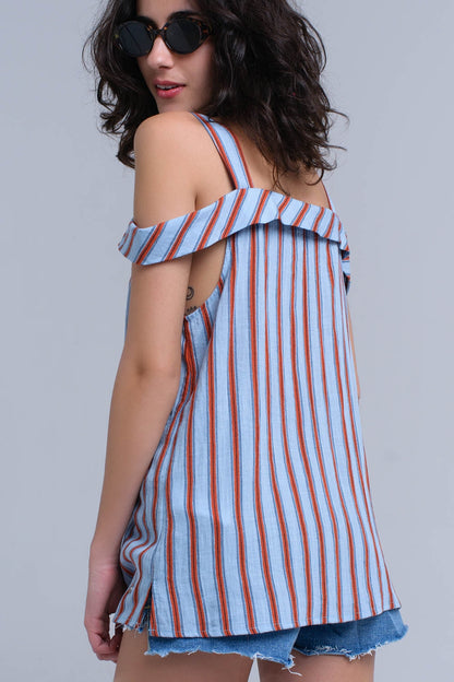 Blue top with orange stripes