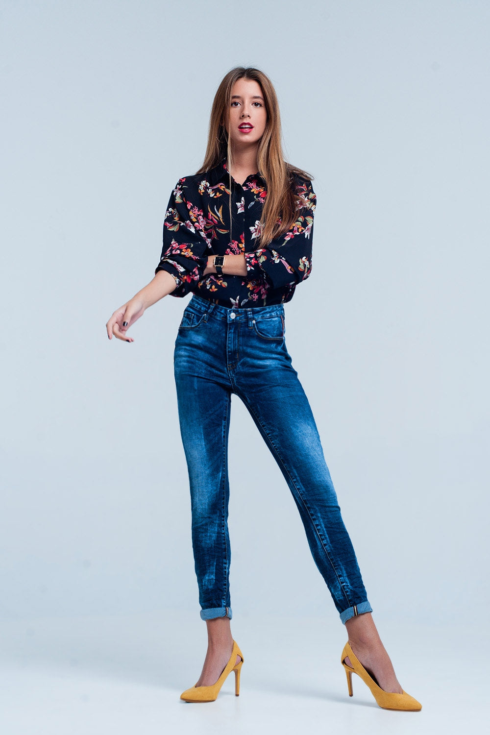 Blue wrinkled high-waist skinny jeans